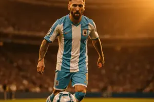 Lionel Messi in Argentina jersey controls ball during World Cup match with dramatic stadium lighting