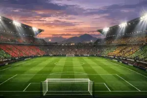 Packed World Cup stadium at dusk with dramatic lighting and vibrant crowd atmosphere