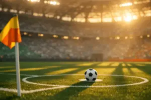 Floodlit football pitch with ball on penalty spot, green and red ambient lighting, pre-match stadium atmosphere.
