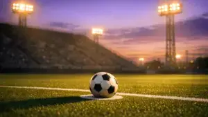 Empty floodlit football pitch at dusk with ball on penalty spot, dramatic stadium lighting and long shadows.