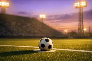 Empty floodlit football pitch at dusk with ball on penalty spot, dramatic stadium lighting and long shadows.