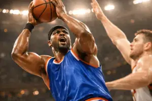 Knicks player driving to basket against defender in intense NBA Finals game action