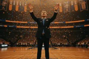 Basketball coach standing in confetti at center court celebrating historic championship victory