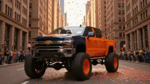 Custom lifted pickup truck driving through confetti in New York City Canyon of Heroes parade