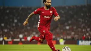 Mo Salah in Egypt jersey attacking during World Cup 2026 match action