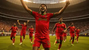 Morocco soccer players celebrating during World Cup match at Mercedes-Benz Stadium in Atlanta