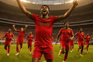 Morocco soccer players celebrating during World Cup match at Mercedes-Benz Stadium in Atlanta