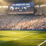 FIFA World Cup 2026 soccer stadium with fans during golden hour match atmosphere