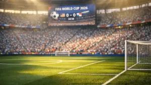 FIFA World Cup 2026 soccer stadium with fans during golden hour match atmosphere