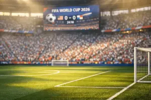 FIFA World Cup 2026 soccer stadium with fans during golden hour match atmosphere