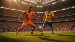 Netherlands vs Sweden World Cup 2026 Group F match action at stadium with orange and yellow-blue jerseys
