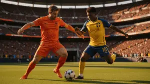 Netherlands and Sweden players compete during World Cup 2026 Group F match at NRG Stadium in Houston