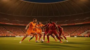 Netherlands and Morocco players in tight midfield battle during World Cup knockout match