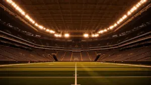 NRG Stadium Houston interior with closed roof and soccer pitch for World Cup match
