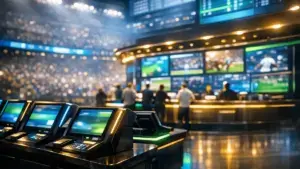Vibrant New York sportsbook with glowing digital displays and modern betting terminals