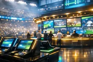 Vibrant New York sportsbook with glowing digital displays and modern betting terminals
