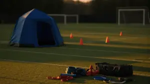 NFL practice field with medical training equipment at New York Giants facility