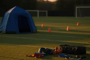 NFL practice field with medical training equipment at New York Giants facility