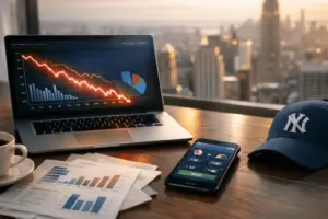 Sports betting data analysis on laptop with New York skyline in background