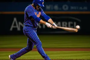 NY Mets player swinging bat during night game at Citi Field with stadium lights