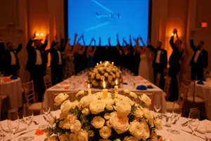 Elegant wedding reception with formal guests cheering at projection screen, floral centerpieces and sports celebration