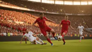 Portugal attacking during intense World Cup match at packed stadium