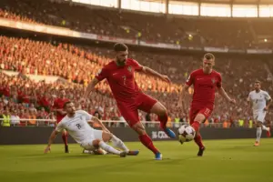 Portugal attacking during intense World Cup match at packed stadium