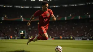 Portugal national team player in red jersey during intense World Cup match action at indoor stadium