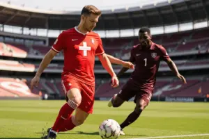Switzerland player attacking against Qatar defender during 2026 FIFA World Cup match at Levi's Stadium