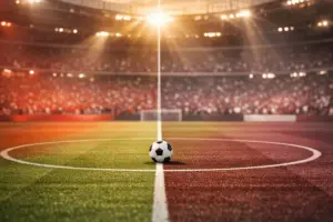 Soccer stadium pitch divided in Swiss red and Qatari maroon lighting before World Cup 2026 match