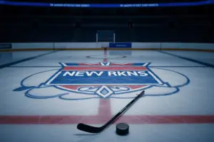 Madison Square Garden ice with Rangers logo, empty arena symbolizing 2026 offseason preparation