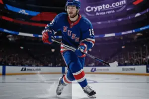 Hockey player transitioning between Rangers and LA Kings arenas representing Vincent Trocheck trade rumors