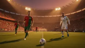 Portugal and Uzbekistan soccer kits on stadium pitch with dramatic lighting for World Cup betting preview