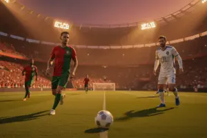 Portugal and Uzbekistan soccer kits on stadium pitch with dramatic lighting for World Cup betting preview