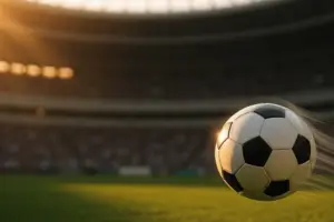 Soccer ball in motion at World Cup stadium during match