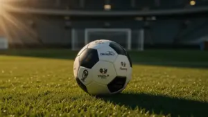 World Cup soccer ball on stadium grass with dramatic lighting and blurred goal in background