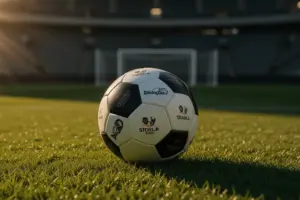 World Cup soccer ball on stadium grass with dramatic lighting and blurred goal in background
