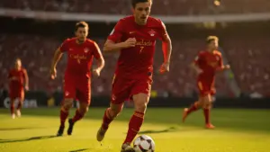Canadian soccer players in red jerseys during intense World Cup knockout match action at stadium