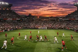 World Cup stadium match between South Korea and Czech Republic at twilight in Guadalajara