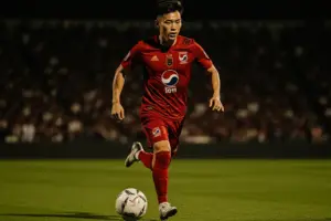 South Korean soccer player in action during World Cup match under stadium lights