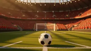 Soccer stadium with ball on pitch during World Cup match with crowd in stands under dramatic lighting