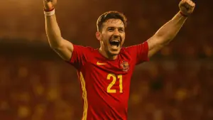 Spain striker celebrating goal at World Cup 2026 stadium in red national team jersey