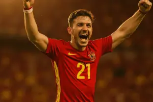 Spain striker celebrating goal at World Cup 2026 stadium in red national team jersey