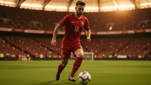 Spanish soccer player in red jersey attacking with ball during World Cup match at stadium