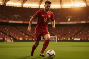 Spanish soccer player in red jersey attacking with ball during World Cup match at stadium