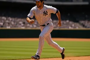 Yankees player running bases at Yankee Stadium showing athletic strain during training