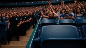 Security personnel at Citi Field with angry crowd reacting in stadium stands during fan ejection incident