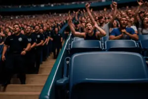 Security personnel at Citi Field with angry crowd reacting in stadium stands during fan ejection incident