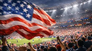 American flag waving in packed stadium crowd during USA World Cup soccer match at night