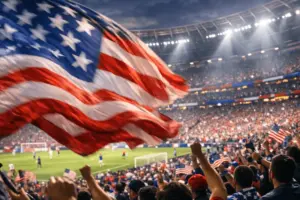 American flag waving in packed stadium crowd during USA World Cup soccer match at night